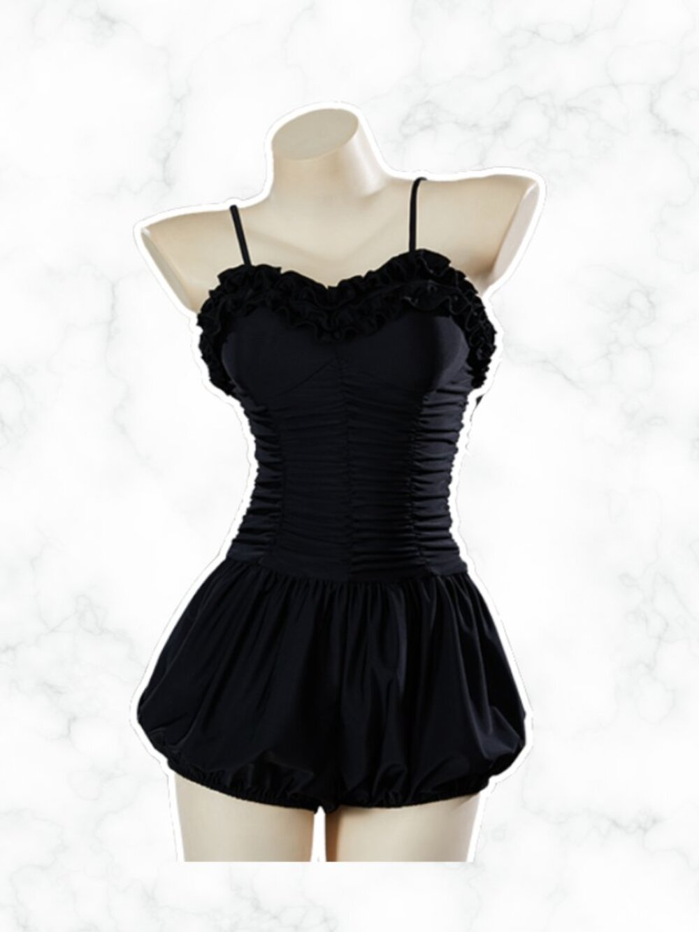 NWOT | Retro Black Ruched One Piece Swimsuit Romper Ruffle Sweetheart Neck